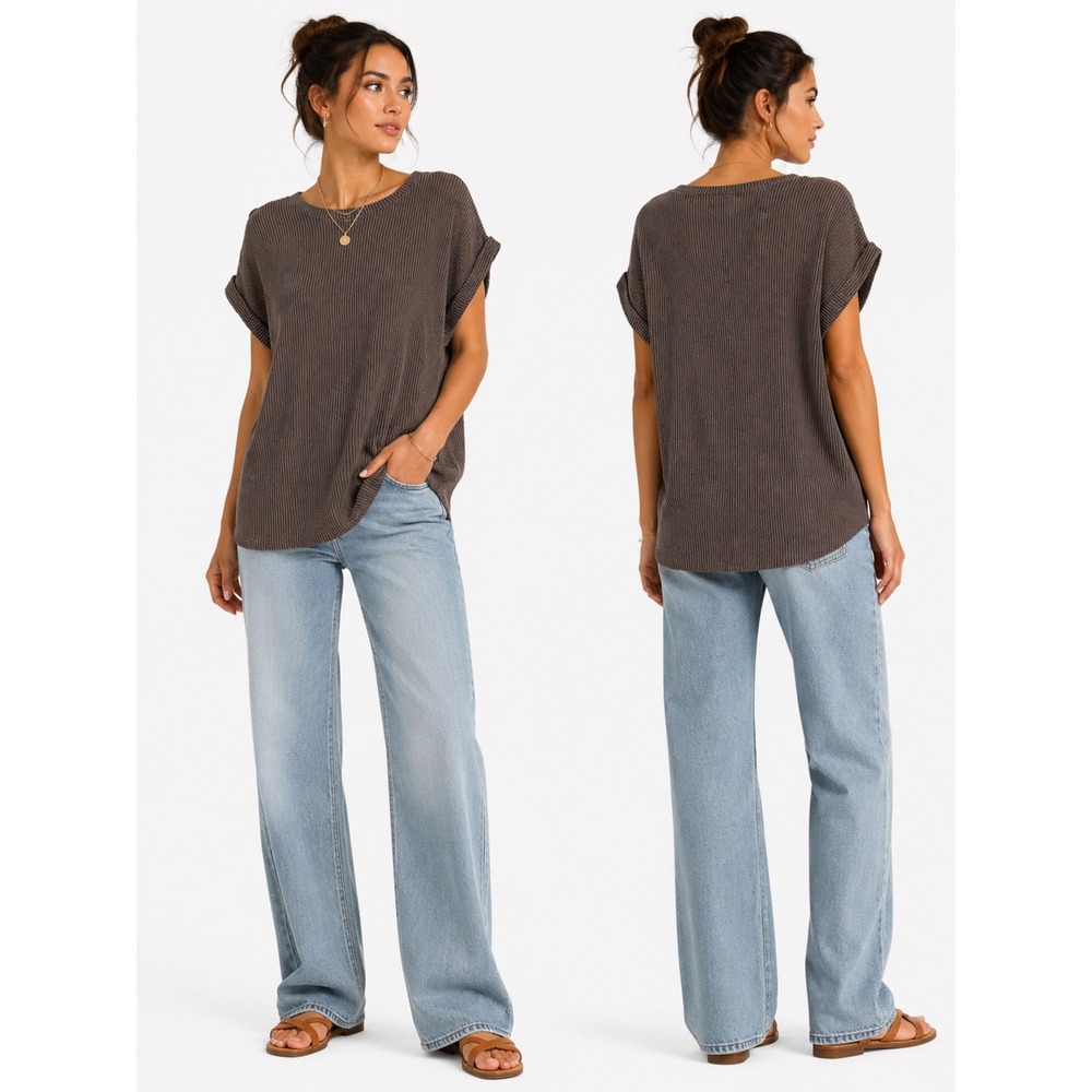 24/7 by Maurices Knit Top Womens L‎ Brown Textured Cap Sleeve Relaxed Minimalist